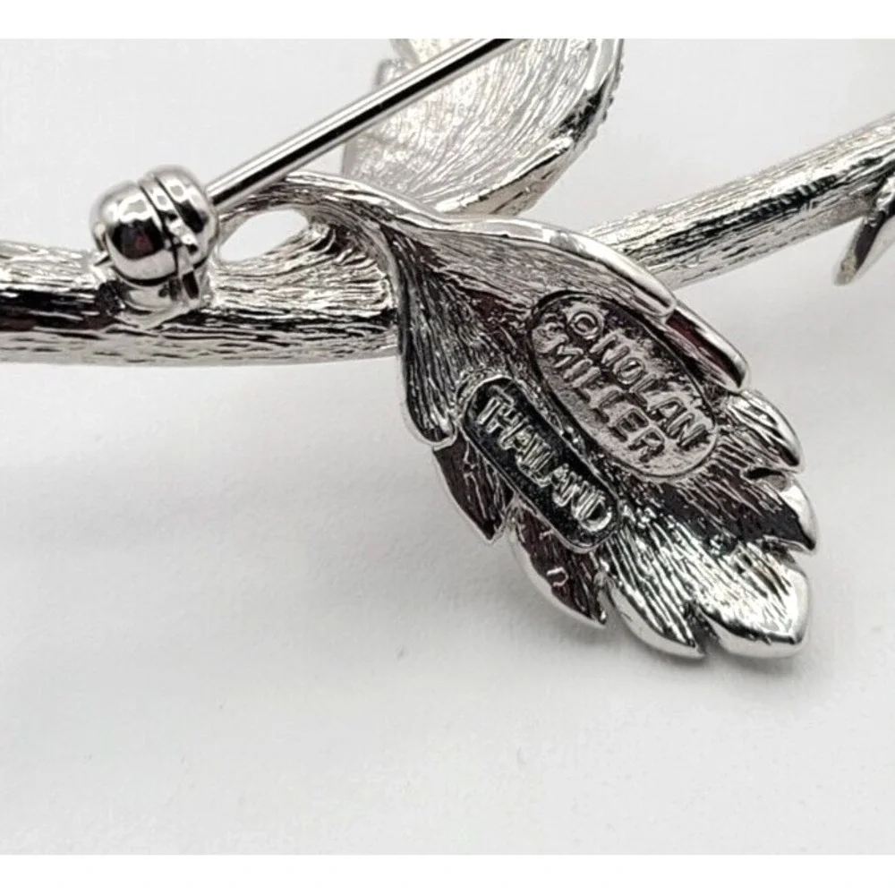 NOLAN MILLER PAVE RHINESTONE ROSE FLOWER LONG STEM BROOCH PIN‎ SILVER SIGNED